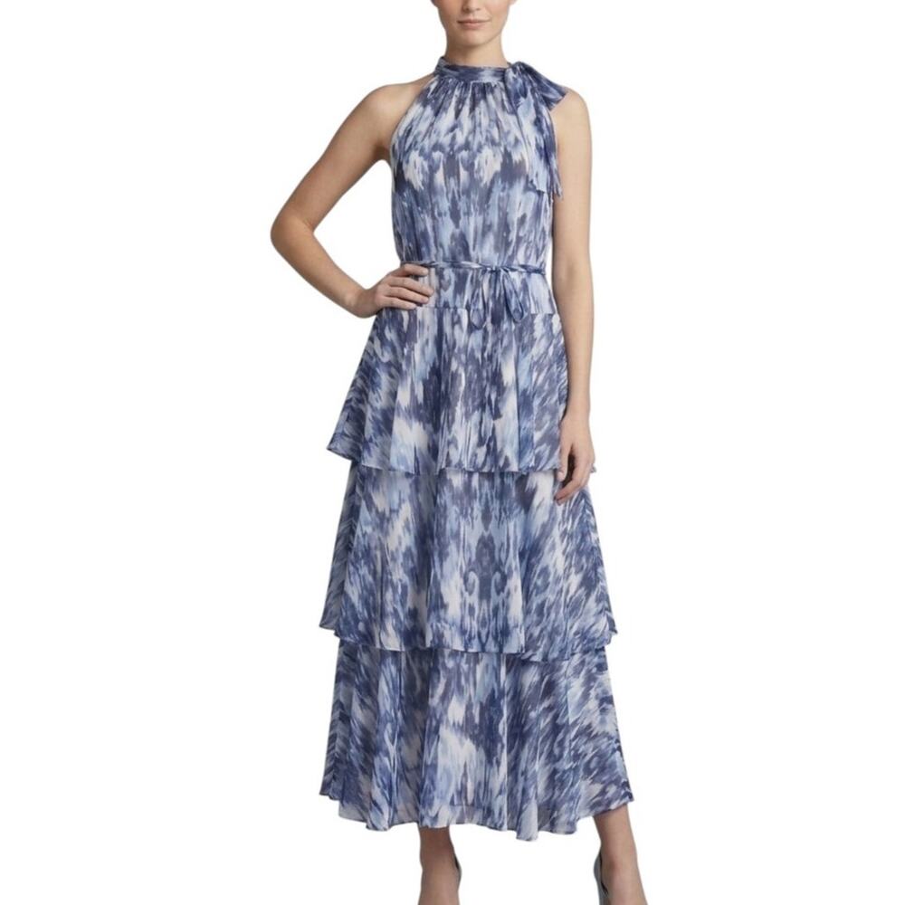 Julia Jordan Maxi Dress Abstract Print Tiered Tie Neck Sleeveless Size 10 NWT